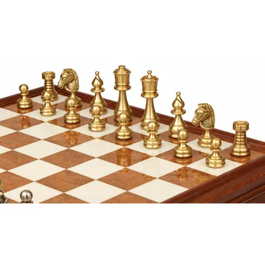 Schachspiel Persien - Schachbrett aus Holz und toskanischem Alabaster mit Schublade & Figuren aus massivem Messing