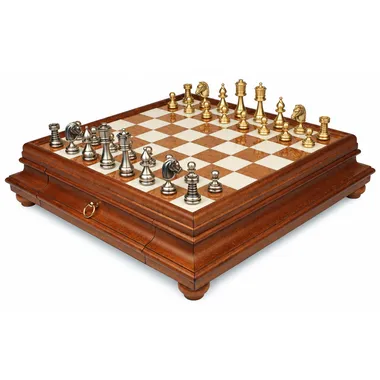 Schachspiel Persien - Schachbrett aus Holz und toskanischem Alabaster mit Schublade & Figuren aus massivem Messing