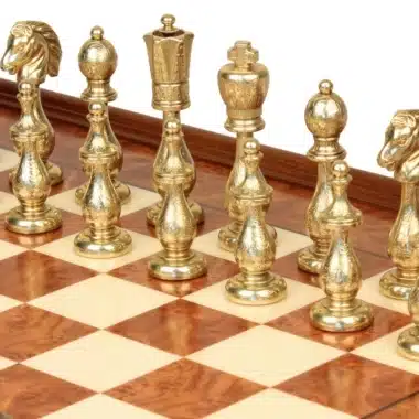 Jeu d'Échecs Arabesque - Échiquier en bois de Bruyère et Bois d'Orme avec tiroir & Pièces en métal
