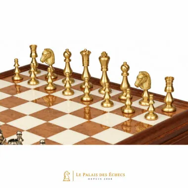 Orientalisches Schachspiel - Schachbrett aus Holz und toskanischem Alabaster mit Schublade & Figuren aus massivem Messing