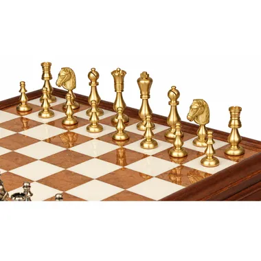 Orientalisches Schachspiel - Schachbrett aus Holz und toskanischem Alabaster mit Schublade & Figuren aus massivem Messing