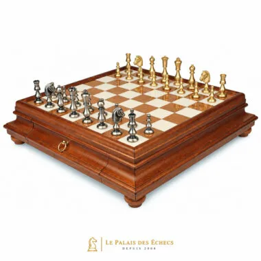 Orientalisches Schachspiel - Schachbrett aus Holz und toskanischem Alabaster mit Schublade & Figuren aus massivem Messing