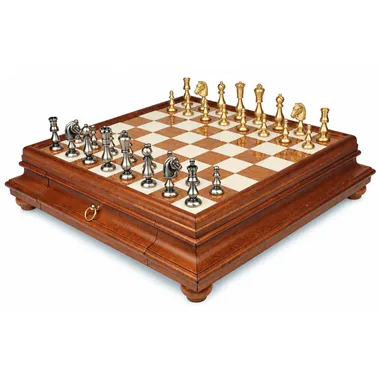 Orientalisches Schachspiel - Schachbrett aus Holz und toskanischem Alabaster mit Schublade & Figuren aus massivem Messing