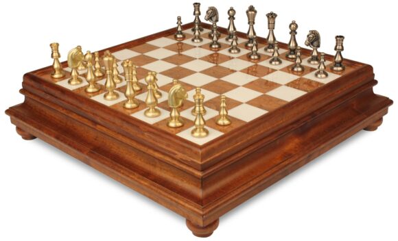 Orientalisches Schachspiel - Schachbrett aus Holz und toskanischem Alabaster mit Schublade & Figuren aus massivem Messing