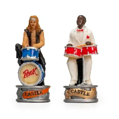 Schachspiel Jazz vs Rock - Schachbrett aus Kunstleder & Figuren aus Harz