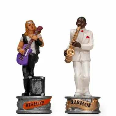 Schachspiel Jazz vs Rock - Schachbrett aus Kunstleder & Figuren aus Harz