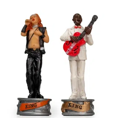 Schachspiel Jazz vs Rock - Schachbrett aus Kunstleder & Figuren aus Harz