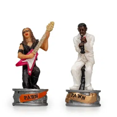 Schachspiel Jazz vs Rock - Schachbrett aus Kunstleder & Figuren aus Harz
