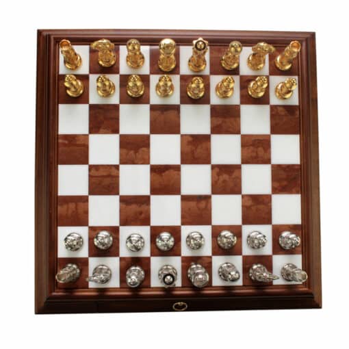 Schachspiel Arabesque - Schachbrett aus Holz und toskanischem Alabaster mit Schublade & goldplattierten Metallteilen