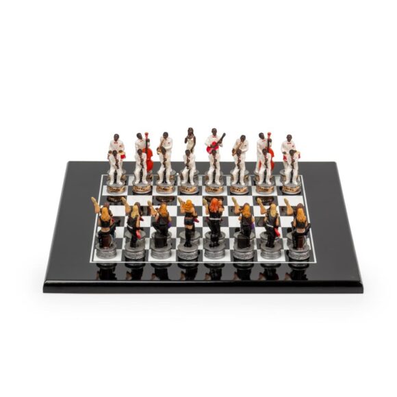 Schachspiel Jazz vs Rock - Schachbrett aus schwarz lackiertem Holz & Schachfiguren aus Harz