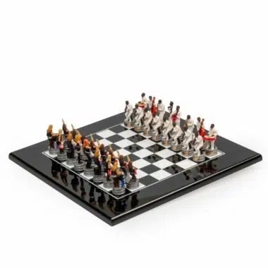 Schachspiel Jazz vs Rock - Schachbrett aus schwarz lackiertem Holz & Schachfiguren aus Harz