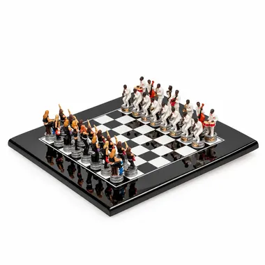 Schachspiel Jazz vs Rock - Schachbrett aus schwarz lackiertem Holz & Schachfiguren aus Harz