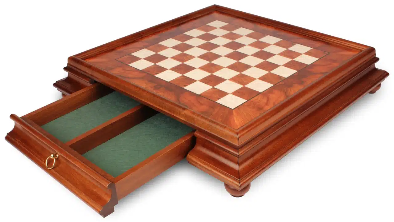 Klassisches Schachspiel - Schachbrett aus Erlenholz und Wurzelholz mit Schublade & Figuren aus Metall und Holz – Bild 9
