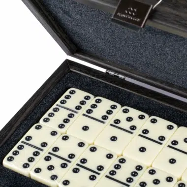 Detail der elfenbeinfarbenen Dominosteine mit schwarzen Punkten in der Box