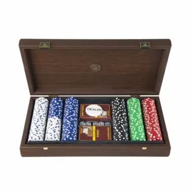 Pokerset - Koffer aus dunklem Walnussholz mit braunem Kunstlederdeckel