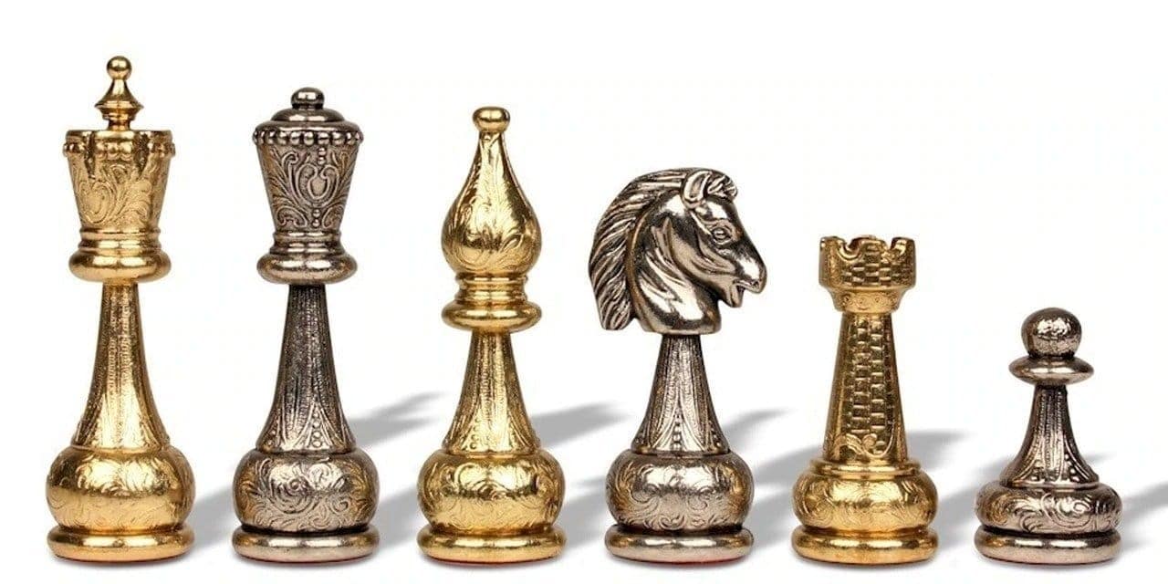 Großes Staunton-Schachspiel aus Metall & Schachbrett aus Kunstleder in Braun und Schwarz – Bild 2