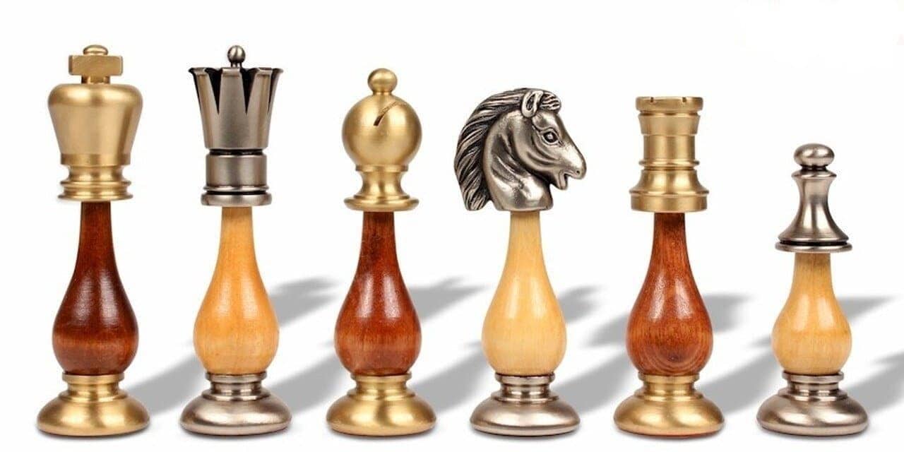 Schachspiel Grand Oriental - Schachbrett aus Wurzelholz und Ulmenholz & Schachspiel aus massivem Messing und Holz – Bild 3