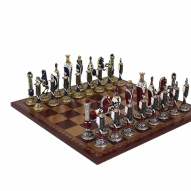 Schachspiel Renaissance Handarbeit und Schachbrett aus Kunstleder Gold/ Bordeaux