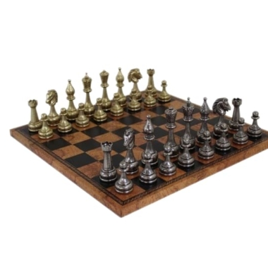 Großes Staunton-Schachspiel aus Metall und Schachbrett aus Kunstleder mit antikem Weltkartenmuster