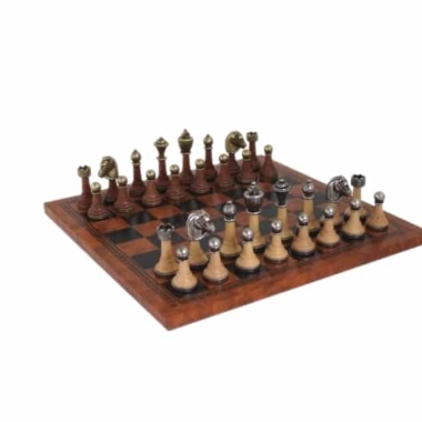 Schachspiel Staunton aus Metall und Holz mit Schachbrett aus Kunstleder in Braun