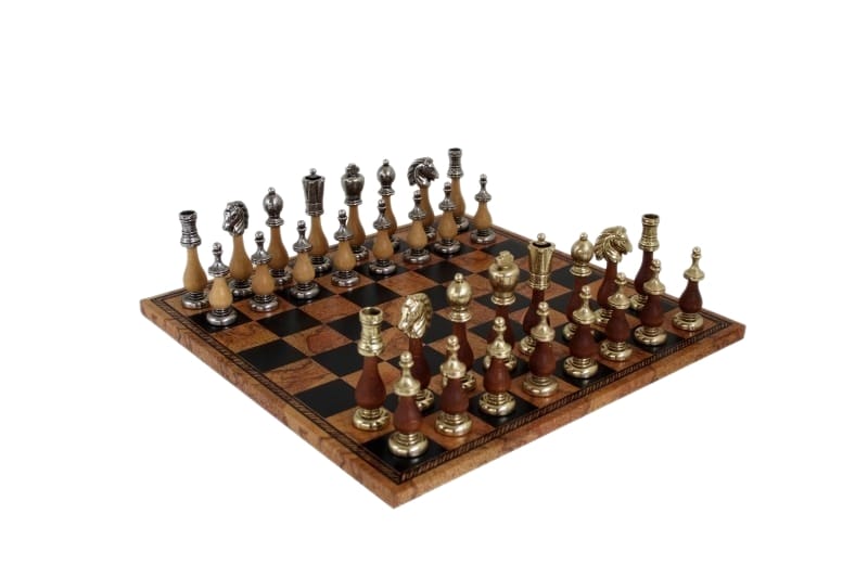 Arabesque Schachspiel aus Holz und Metall mit Kunstleder-Schachbrett