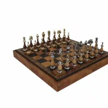 Schachspiel Arabesque - Schachbrett & Schachspiel aus Kunstleder mit Aufbewahrungsfach & Schachspiel aus Metall und Holz