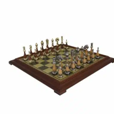 Arabesque Chess Set - Schachbrett mit Messing-Effekt und Holzrahmen & Schachspiel aus Metall und Holz