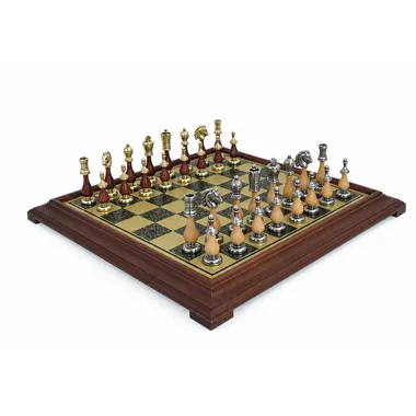 Komplettes Schachspiel Arabesque auf Schachbrett mit Messingoptik und Holzrahmen