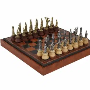Mittelalterliches Schachspiel - Schachbrett Dame & Backgammon aus braunem / schwarzem Kunstleder mit Aufbewahrung & Metallschachspiel