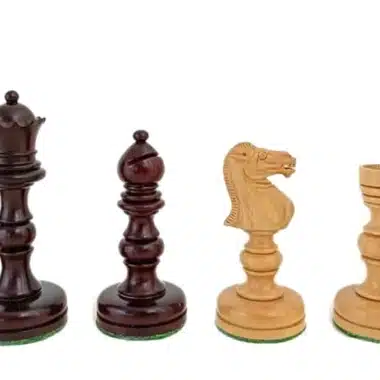 Schachfiguren nebeneinander präsentiert, dunkle Dame und Läufer, helle Springer und Bauer