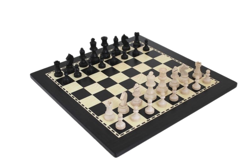Schachspiel und Schachbrett aus Schwarz- und Weißholz mit Holzaufbewahrungskoffer