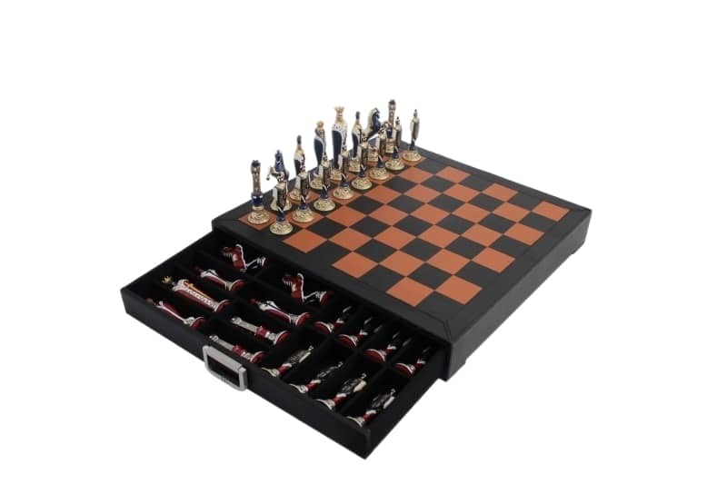 Großes Schachspiel Italienische Renaissance & Schachbrett aus Leder mit Aufbewahrung – Bild 2