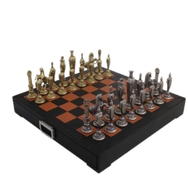 Alternative view of Schachspiel Renaissance Florentin aus Metall & echtes Leder-Schachbrett mit Aufbewahrungsschublade