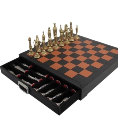 Schachspiel Renaissance Florentin aus Metall & echtes Leder-Schachbrett mit Aufbewahrungsschublade