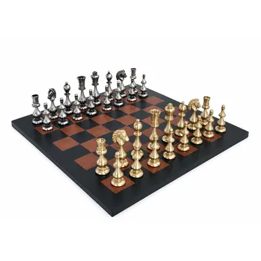 Schachspiel Grand Oriental aus massivem Messing auf Schachbrett aus echtem Leder
