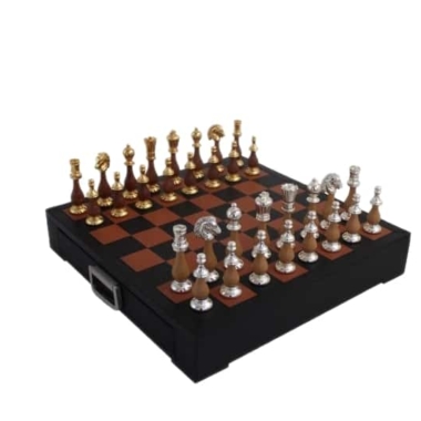 Alternative view of Schachspiel aus Holz und Metall mit Gold- und Silberbeschichtung & Schachbrett aus Leder mit Aufbewahrungsschublade