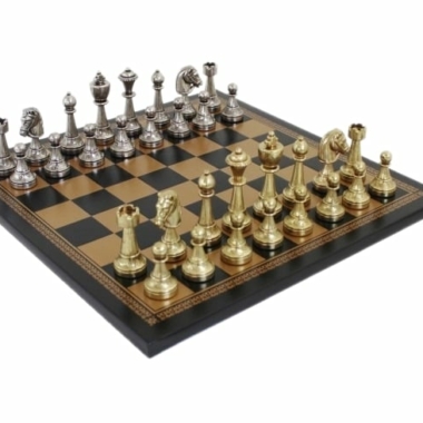 Staunton Schachspiel aus Metall & Schachbrett aus Kunstleder