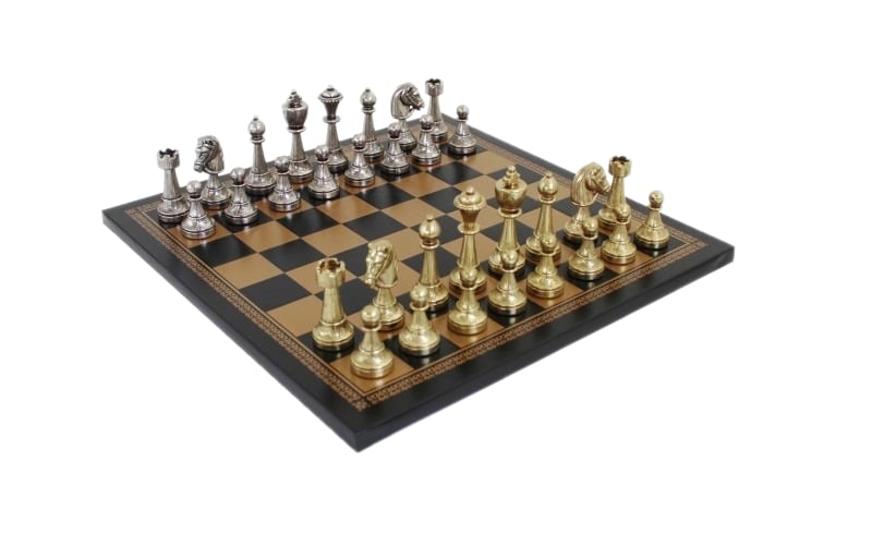 Staunton Schachspiel aus Metall & Schachbrett aus Kunstleder