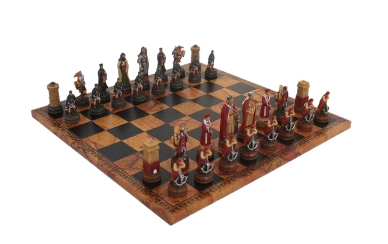 Schachspiel Camelot - Schachbrett aus Kunstleder & Schachspiel aus Harz