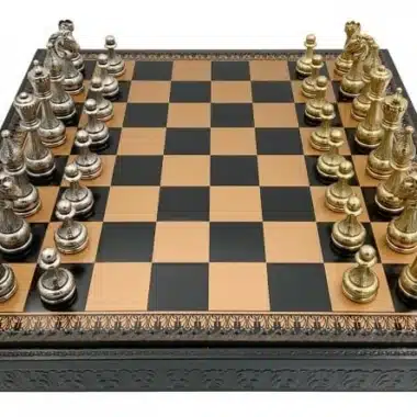 Blumiges Schachspiel - Schachbrett, Damespiel & Backgammon aus Kunstleder in Gold/Schwarz mit Aufbewahrungsfach & Metallschachspiel