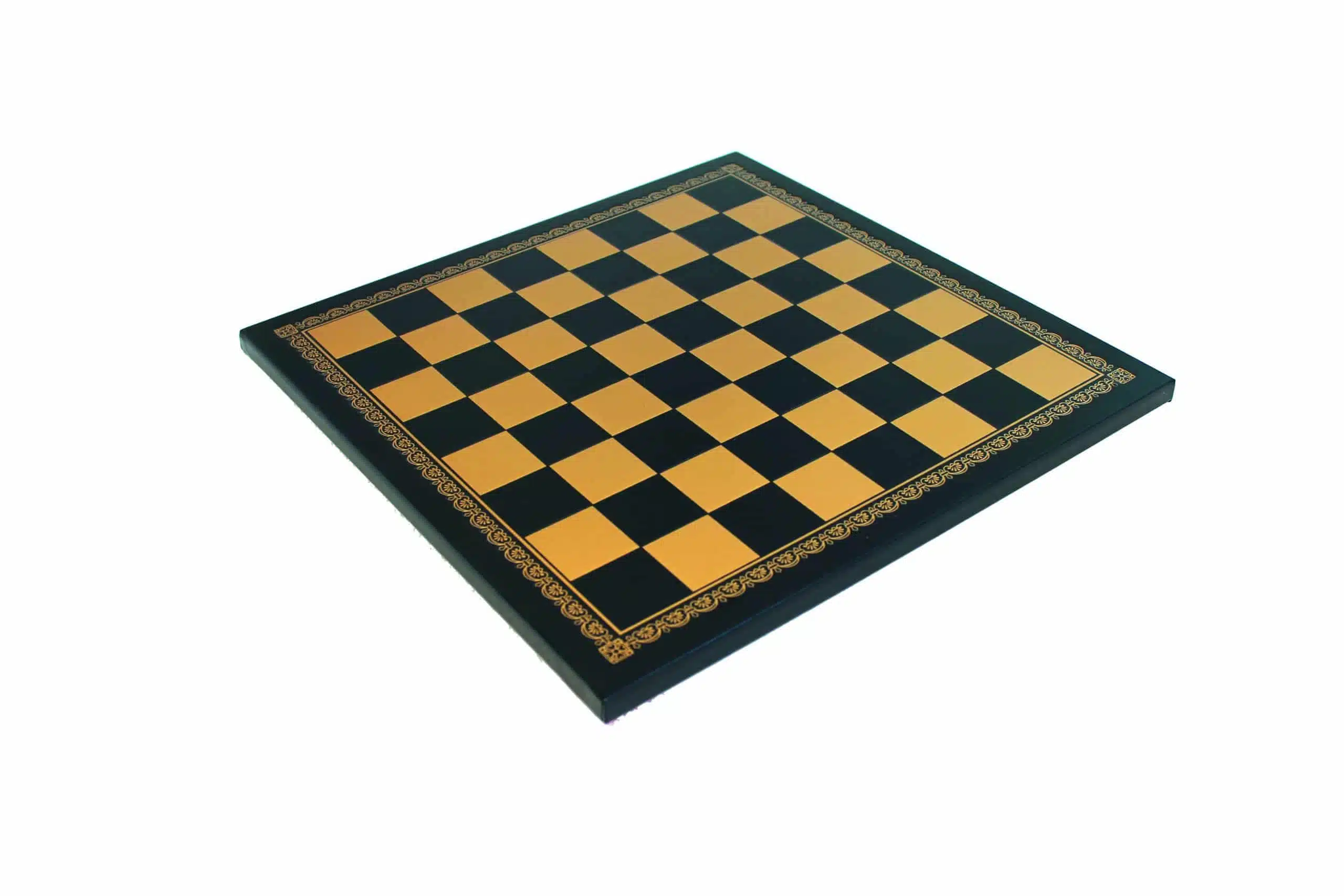 Schachspiel Staunton aus lackiertem Schwarz und Weiß Holz und Schachbrett aus Kunstleder in Gold und Schwarz – Bild 7