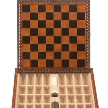 Mittelalterliches Schachspiel - Schachbrett Dame & Backgammon aus braunem / schwarzem Kunstleder mit Aufbewahrung & Metallschachspiel – Bild 9