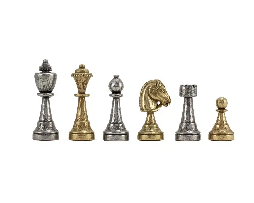 Staunton Schachspiel aus Metall & Schachbrett aus rotem / goldenem Kunstleder – Bild 5