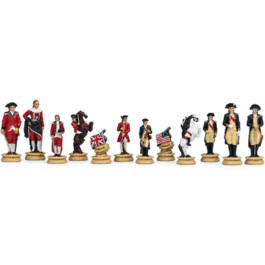 Schachfiguren Soldaten mit entfalteten britischen und amerikanischen Flaggen