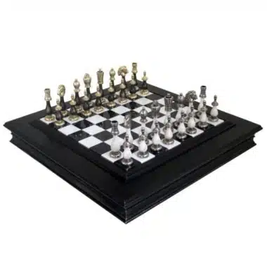 Schwarzes und weißes Schachspiel Staunton - Schachbrett aus Marmor und Holz mit Aufbewahrung & Schachspiel aus Holz und Metall