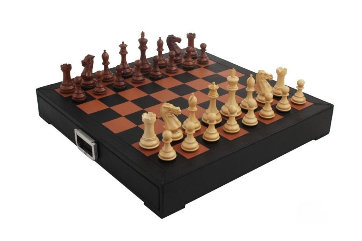 Schachspiel aus Rosenholz & Schachbrett aus echtem Leder mit Aufbewahrungsschublade
