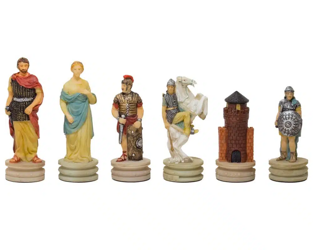 Schachspiel Römer gegen Griechen aus Harz und Schachbrett aus Kunstleder in Gold und Blau mit Stauraum – Bild 5