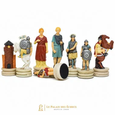 Schachfiguren aus Kunstharz mit römischen und griechischen Soldaten, Detailansicht