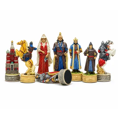 Schachspiel Mongolische Herrschaft, Detail der russischen Figuren mit Turm und Springer