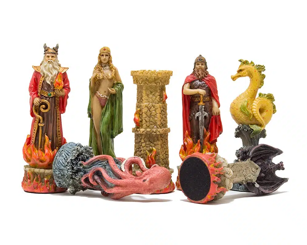 Schachspiel Fantasy Wasser gegen Feuer aus Harz & Schachbrett aus Kunstleder mit Aufbewahrung – Bild 3